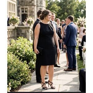 Talbots Black Wool Blend Pleated Portrait Neck Shift Dress Sz 16 Career Wedding